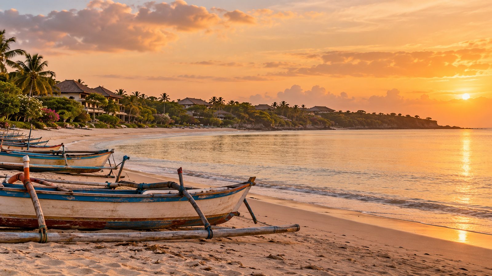 Traditional outrigger fishing boats on the sand at Jimbaran Bay, Bali, with calm water at sunset