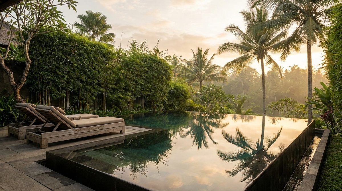 Quiet dark-stone infinity pool and timber loungers at a secluded adults-only Bali retreat