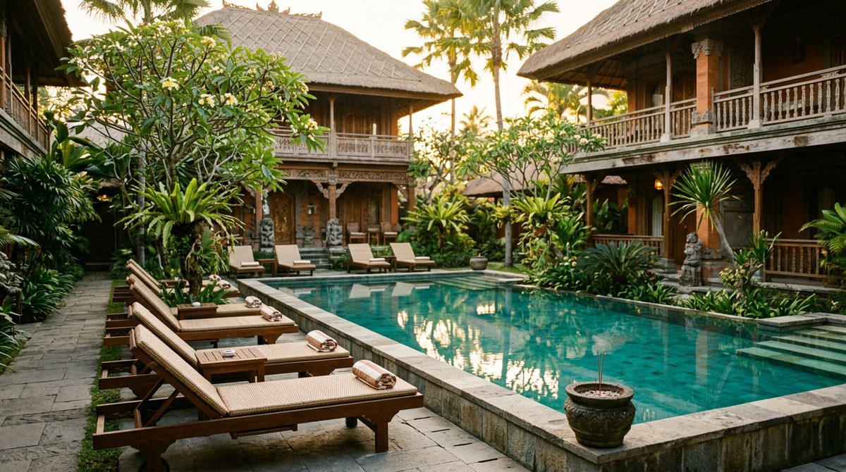 Golden-hour pool courtyard of a Balinese hotel with thatched alang-alang roofs, timber sun loungers and a calm turquoise pool