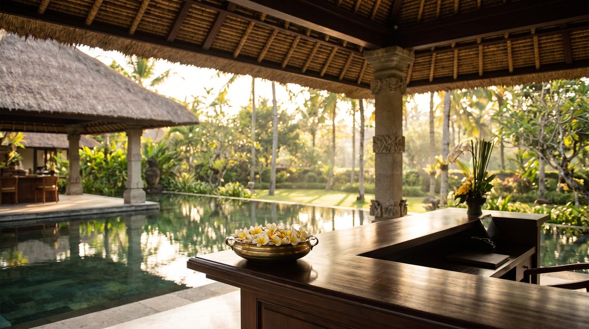 Open-air Balinese hotel reception pavilion at golden hour, with a dark polished timber check-in desk, carved stone columns and an alang-alang thatched roof, frangipani in a brass bowl and a still reflecting pool in the tropical garden beyond