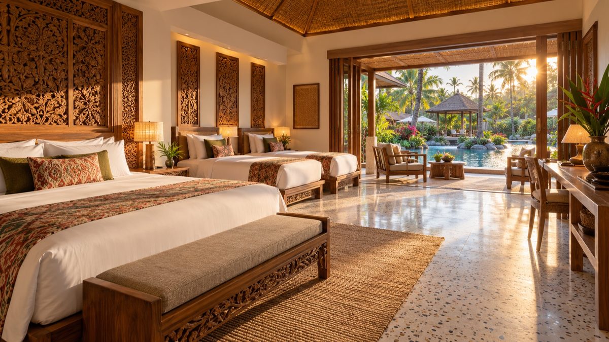 A bright Bali resort family suite with a king bed and two single beds, carved timber details and open doors onto a terrace above a palm-lined pool at golden hour