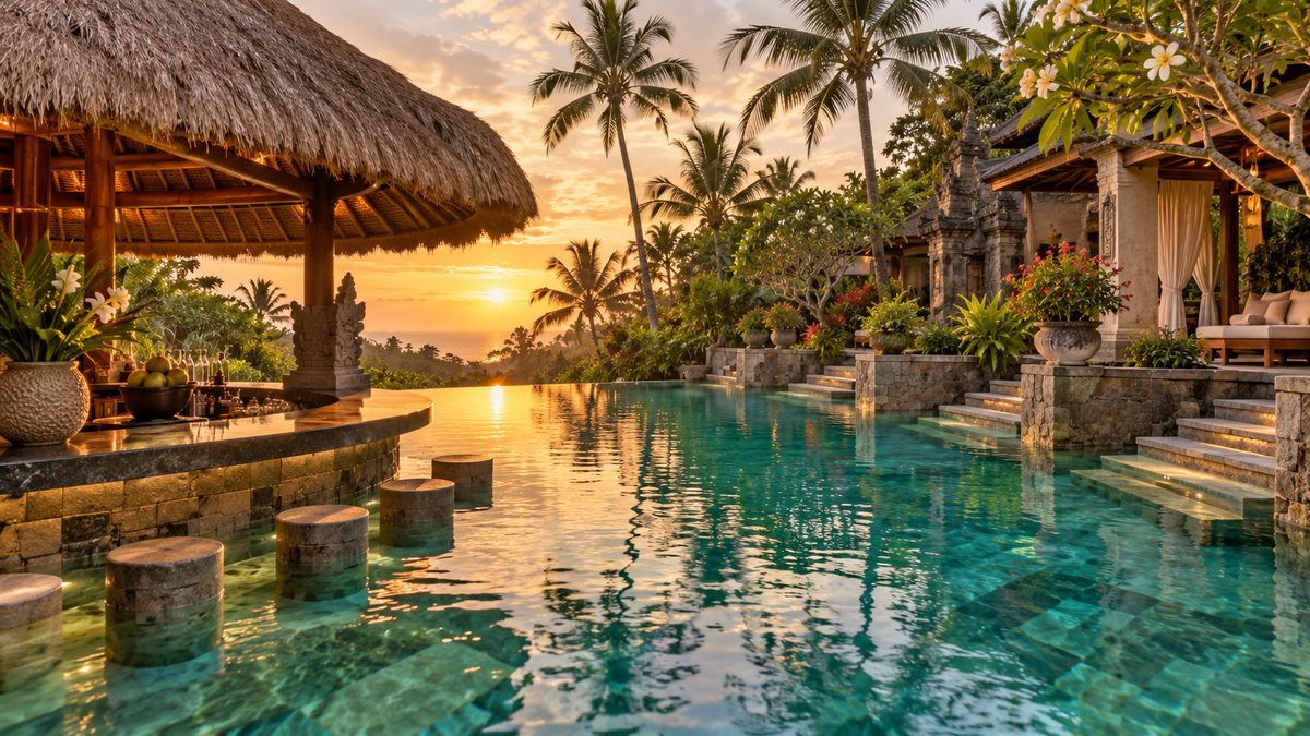 A lagoon-style resort pool with a thatched swim-up bar and stools in the water, framed by palms and Balinese stone terraces at golden hour