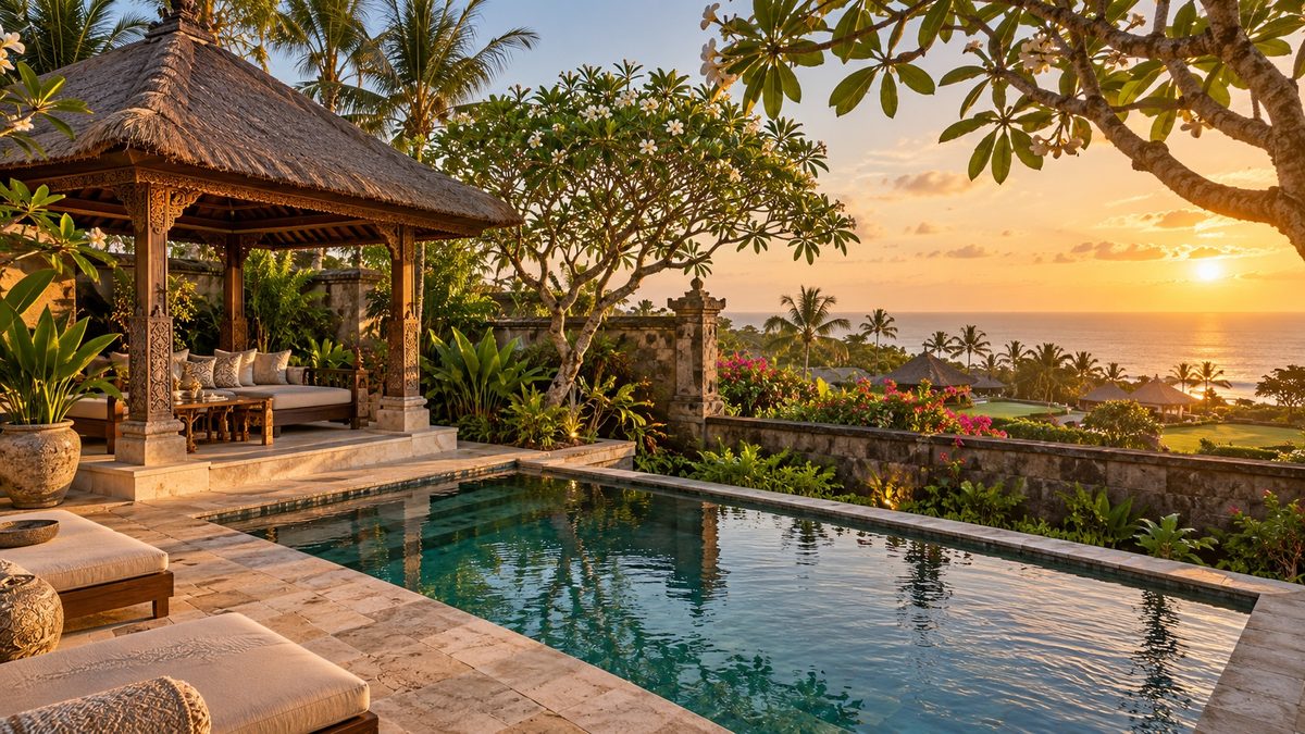 A private plunge pool in a walled resort villa garden with a thatched Balinese pavilion, frangipani trees and palms at golden hour