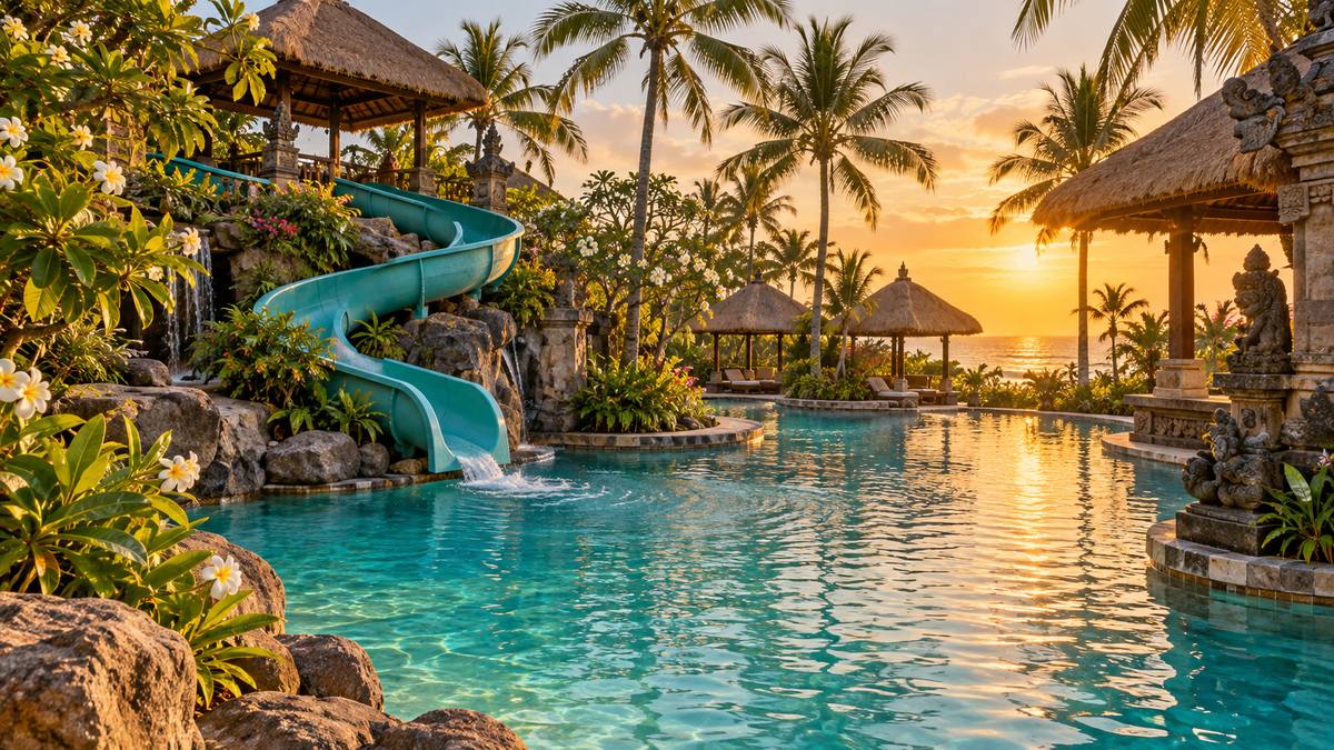 A curving turquoise water slide spiralling into a lagoon-style resort pool among palms and thatched pavilions in Bali at golden hour