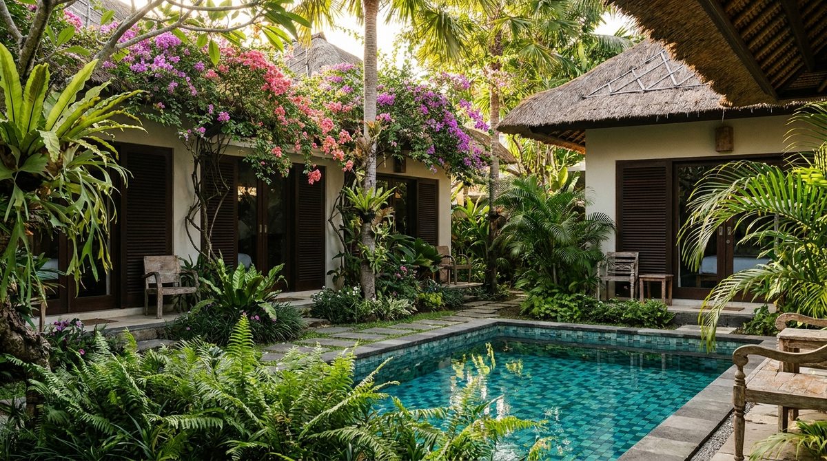 Small tiled pool at an affordable Balinese guesthouse surrounded by tropical plants and bougainvillea