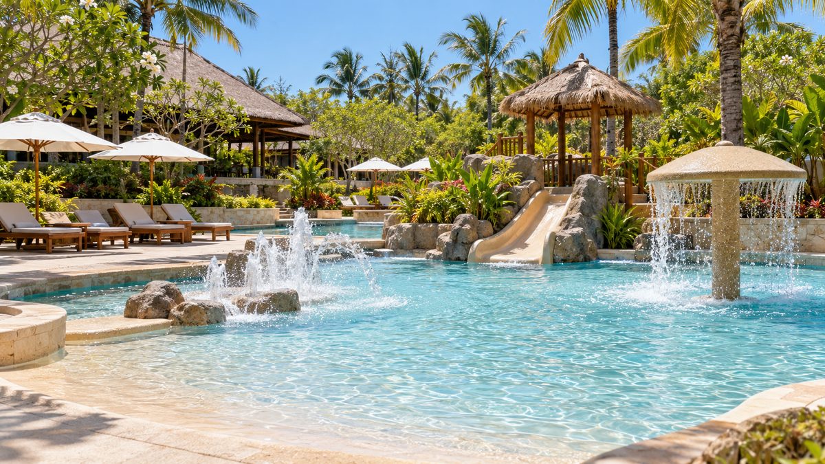 Shallow turquoise children's pool with water features and a small slide at a family resort in Nusa Dua, Bali
