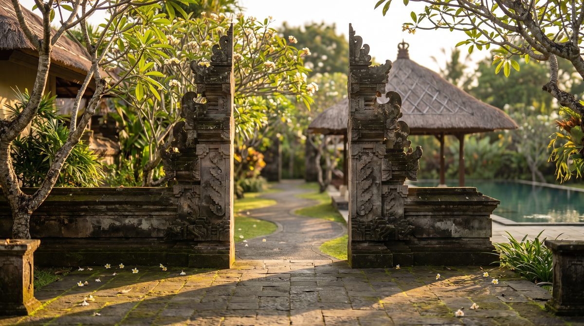 Traditional Balinese split candi bentar stone gateway at golden hour, framing a garden path toward a thatched alang-alang pavilion and pool, with frangipani blossom on stone paving