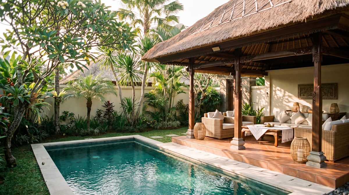 Private Balinese villa at golden hour with a small rectangular pool, thatched alang-alang pavilion on carved timber columns and rattan furniture in a walled tropical garden