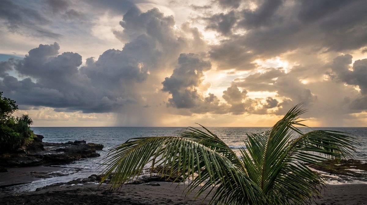 Dramatic tropical sky and passing rain shower over a palm-fringed Bali coastline