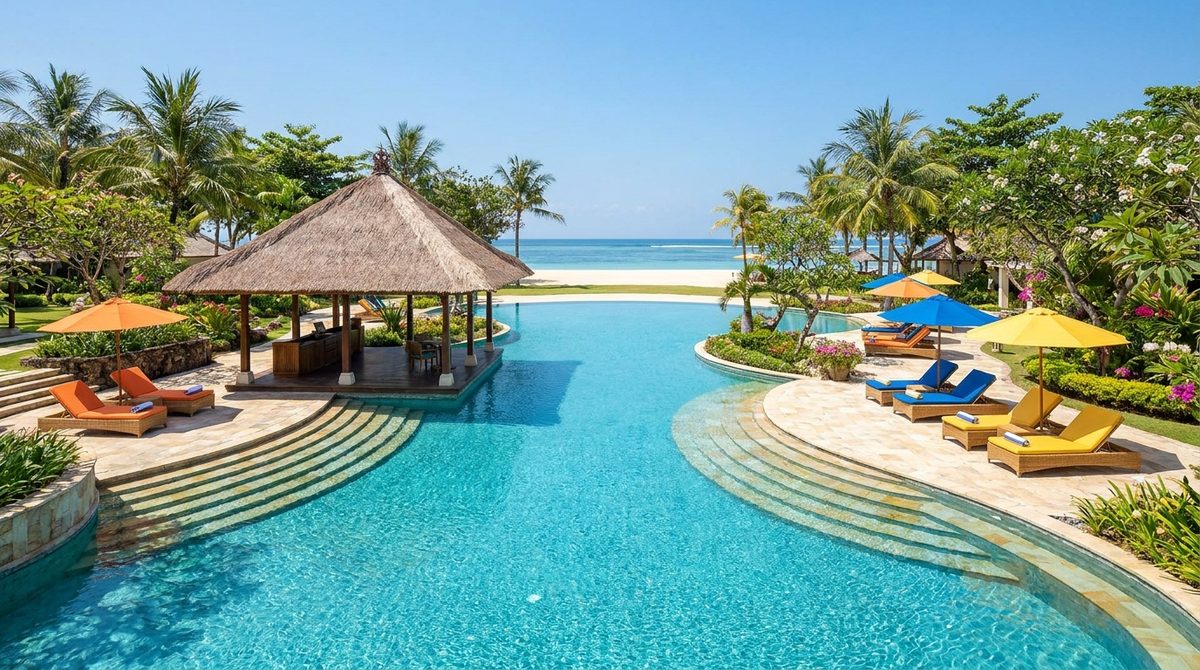 Large shallow family pool with loungers and umbrellas at a Bali beach resort