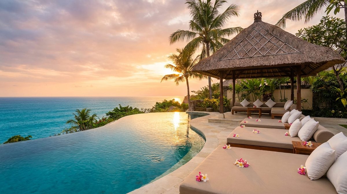 Private clifftop infinity pool overlooking the ocean at a romantic Bali honeymoon villa at sunset