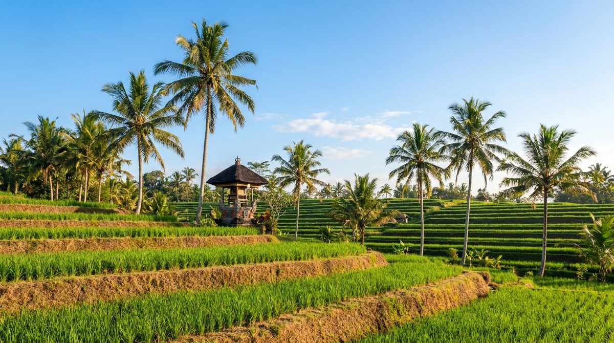Layered emerald rice terraces in golden morning light with palms and a thatched Balinese shrine roof