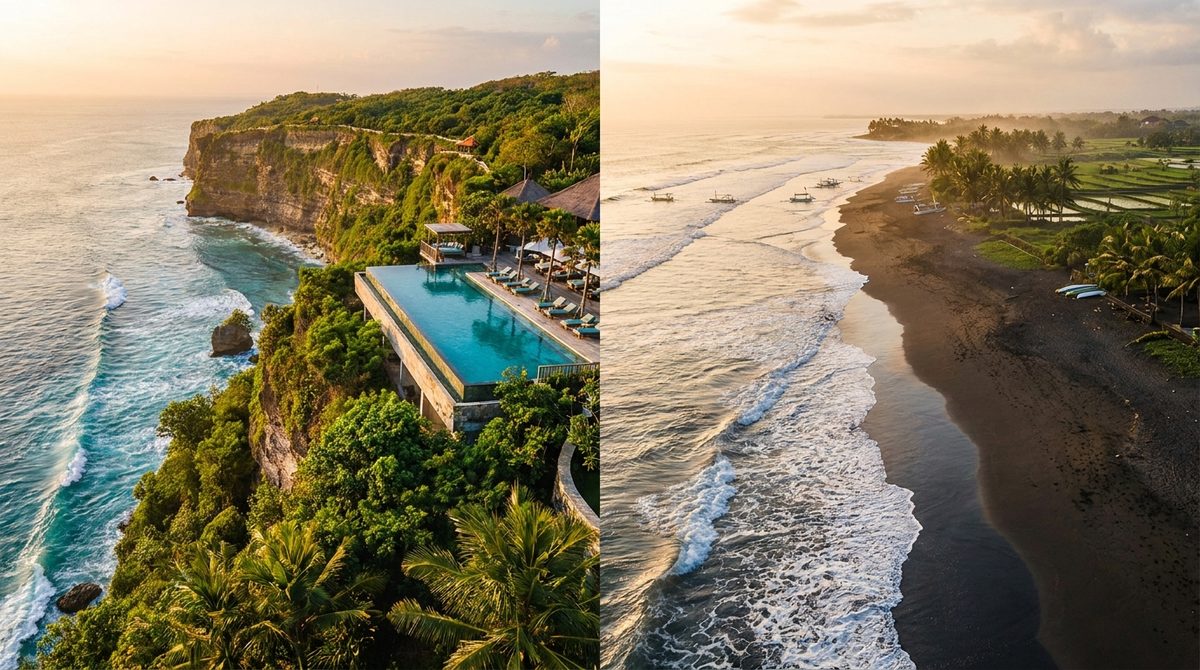 Split Bali coastline at golden hour — dramatic Uluwatu limestone clifftop with an infinity pool above the turquoise ocean beside a black-sand Canggu surf beach with rolling waves and palms