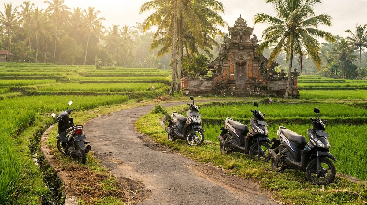 Narrow rural Bali road between bright green rice paddies with scooters parked along the verge