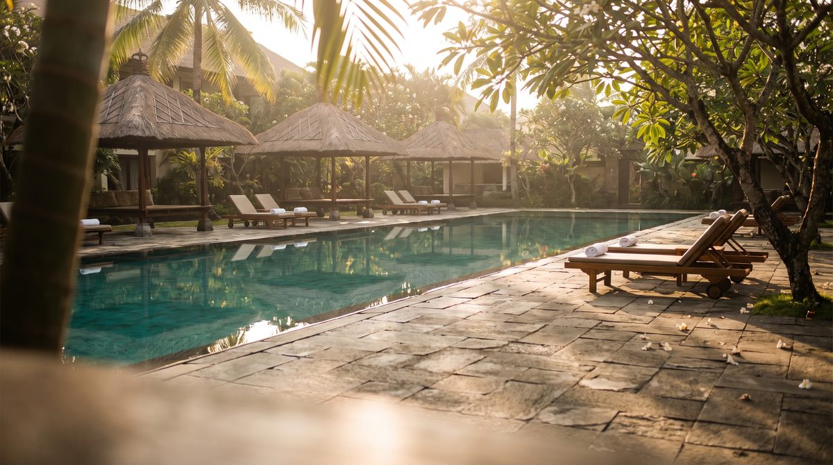 Long turquoise pool at a Bali hotel courtyard at golden hour, with thatched alang-alang pavilions, empty timber sun loungers and frangipani shadows on stone paving