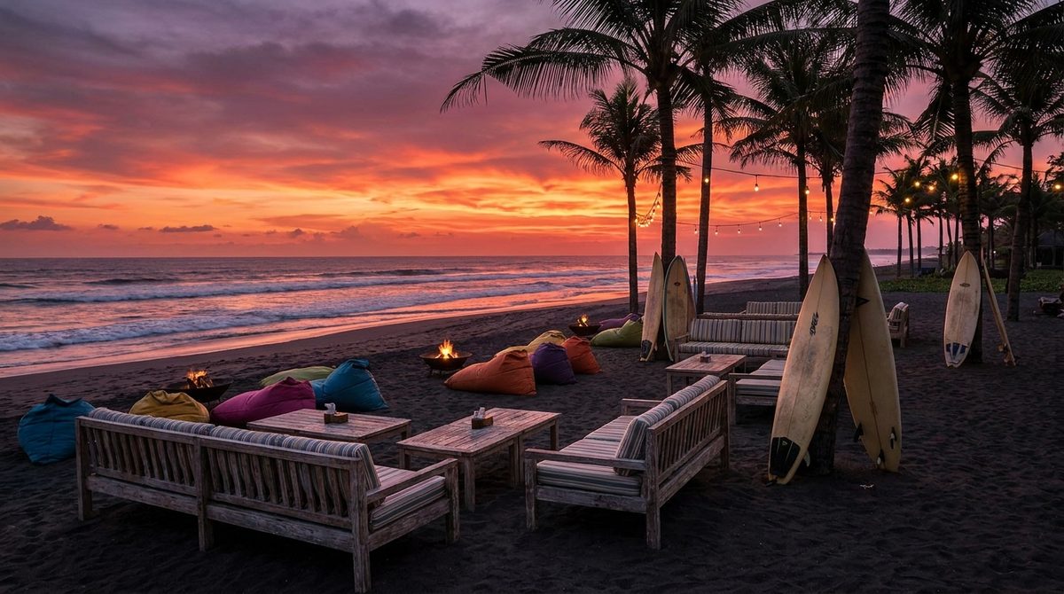 Dark-sand Bali surf beach at sunset with beanbags, beach-club seating and surfboards