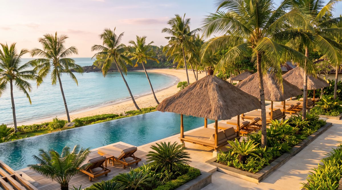 Bali beachfront resort at golden hour with a rim-flow pool, thatched pavilions and timber daybeds overlooking a calm turquoise bay and pale sand framed by coconut palms