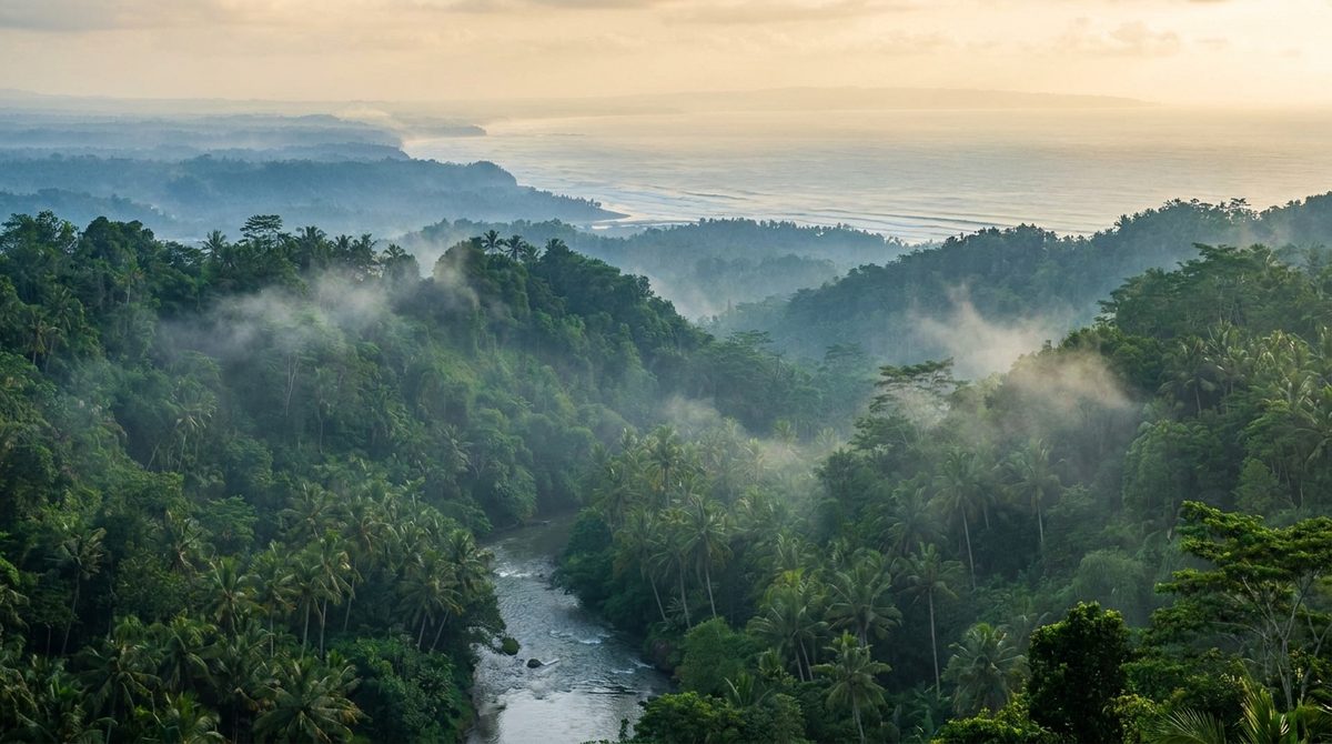 Misty green Bali jungle valley in the foreground with the distant ocean coastline beyond
