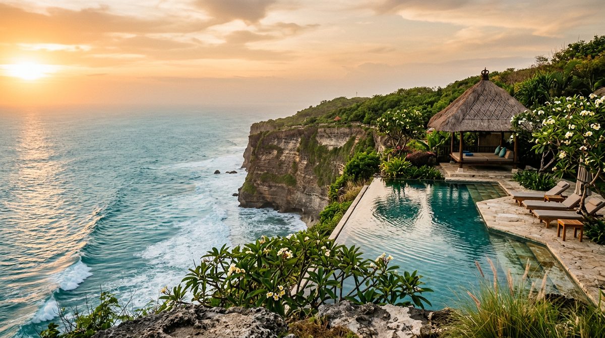 Clifftop Uluwatu resort infinity pool and thatched pavilion on Bali's limestone cliffs above the turquoise Indian Ocean at golden hour