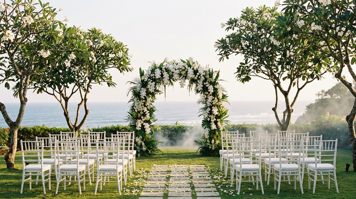 Clifftop Bali wedding venue with white chairs and a tropical floral arch facing the ocean