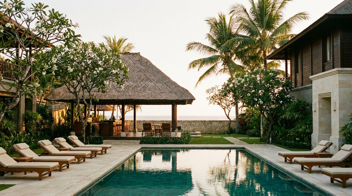 Empty golden-hour resort courtyard in Seminyak, Bali with a thatched alang-alang pavilion, turquoise pool, timber loungers and frangipani trees