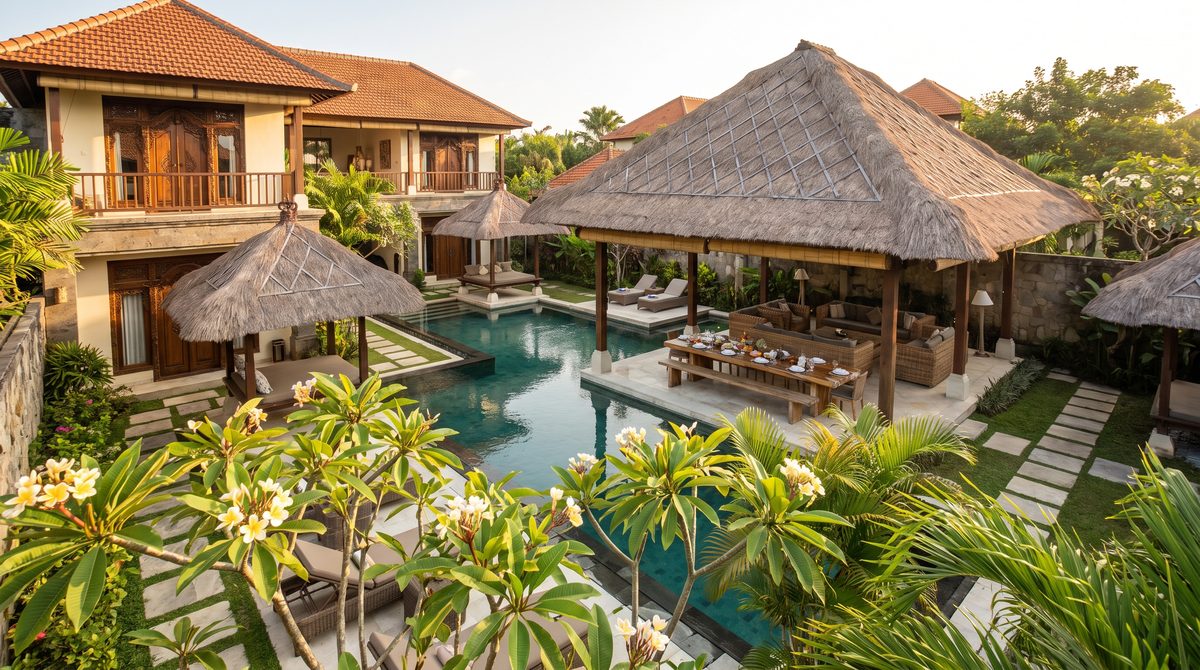 Large private Balinese villa compound at golden hour with a long pool, several thatched alang-alang pavilions, a shared open-air dining pavilion and frangipani in a walled tropical garden