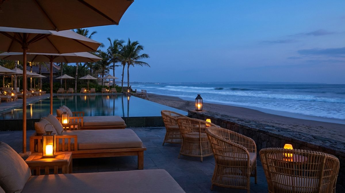 Beachfront hotel terrace in Seminyak, Bali at blue hour with lit lanterns, rattan chairs and timber daybeds beside a reflective pool overlooking the surf