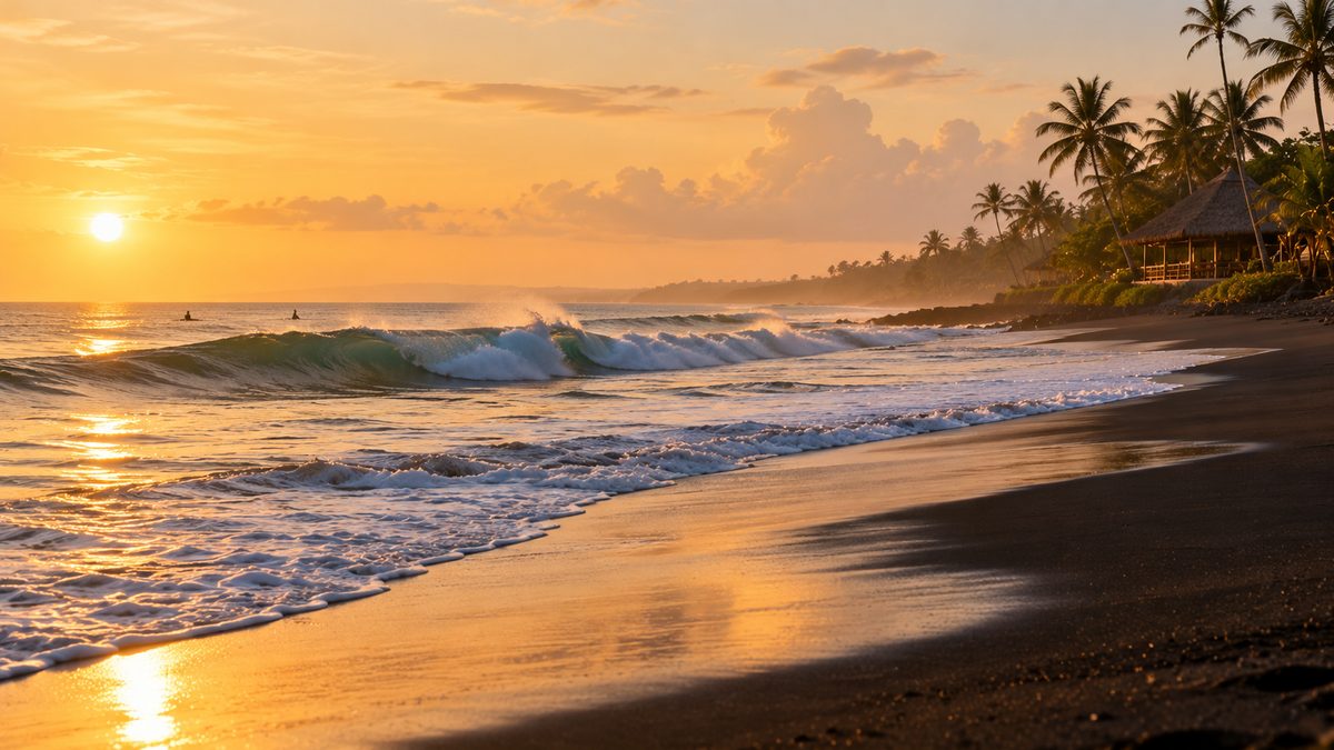 Clean waves breaking onto the black volcanic sand at Canggu, Bali, at golden hour