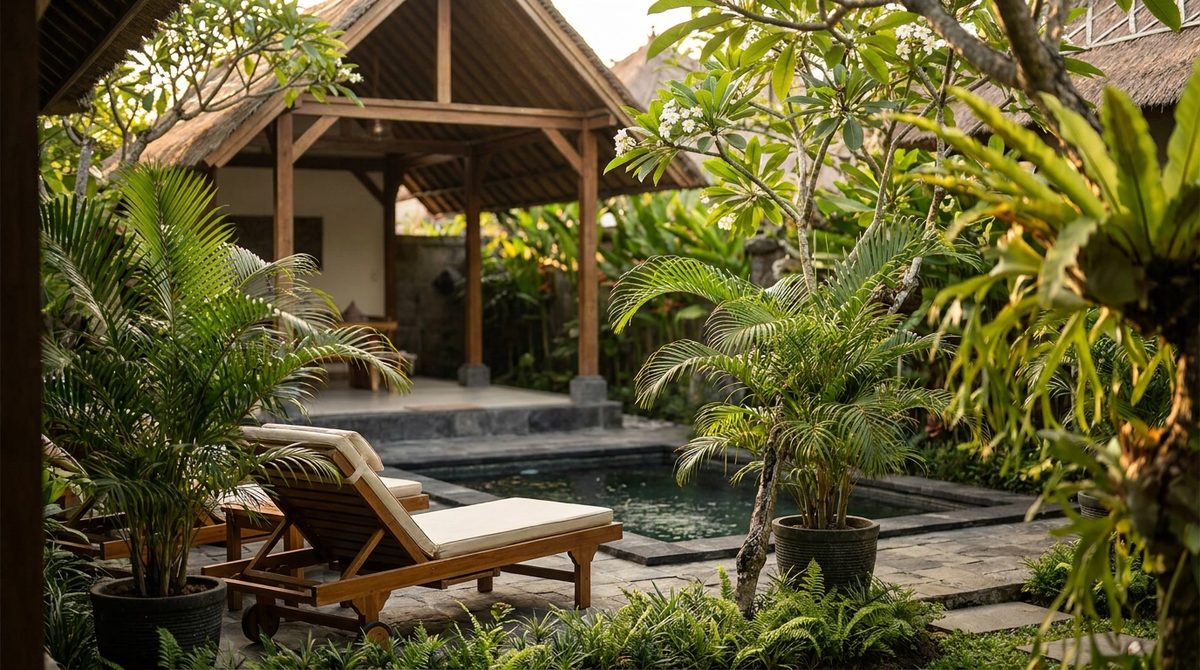 Small boutique guesthouse courtyard in Canggu, Bali at golden hour with a single timber lounger beside a compact plunge pool, thatched pavilion and frangipani trees