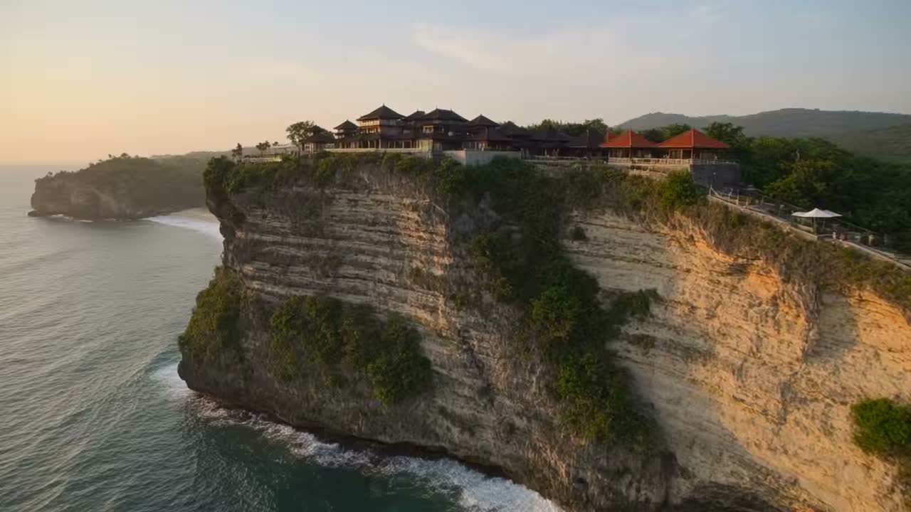Clifftop infinity pool overlooking the ocean at sunset in Bali